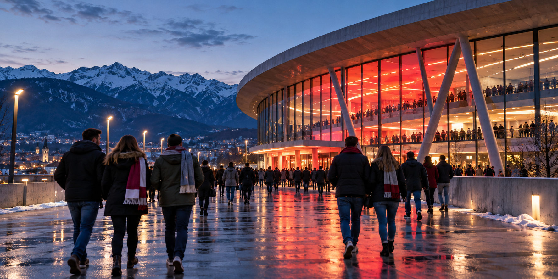 Publikum auf dem Weg zu einer österreichischen Arena vor Alpenkulisse