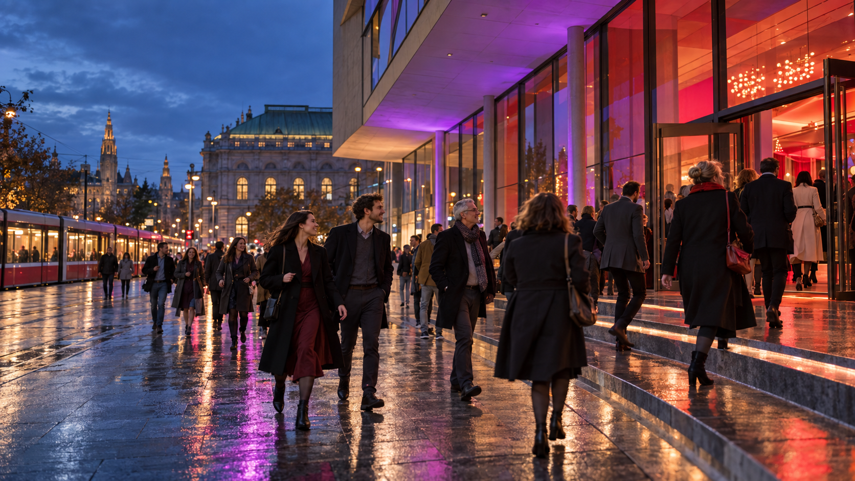 Publikum kommt am Abend zu einer Kulturveranstaltung in Wien