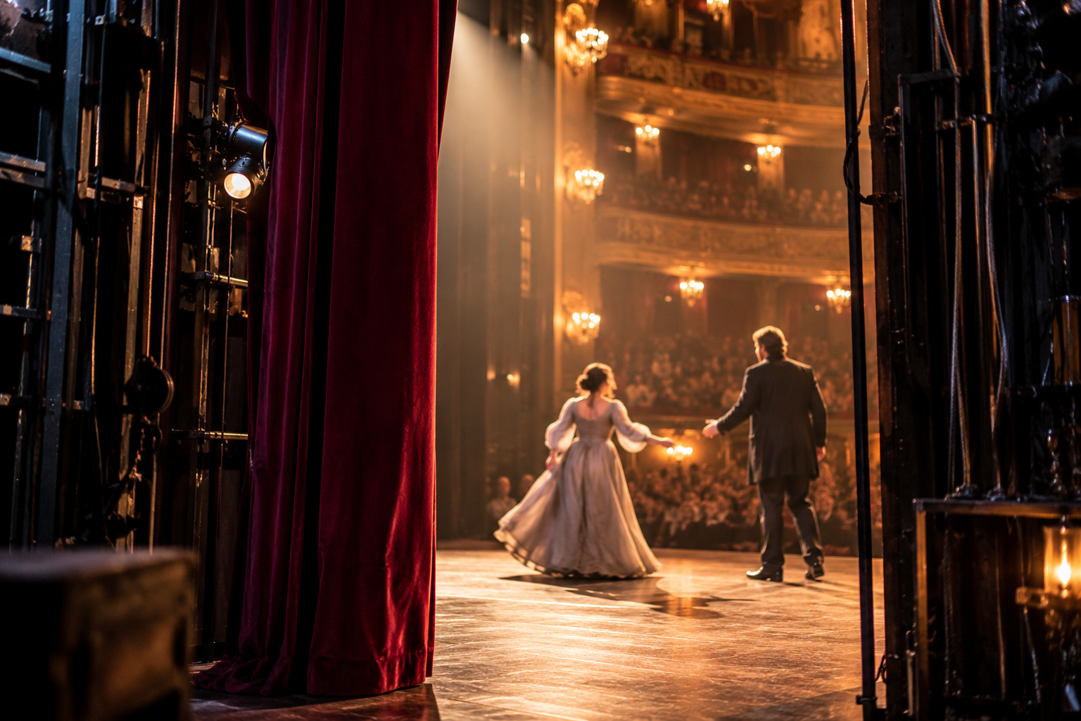 Blick von der Seitenbühne auf eine Theateraufführung